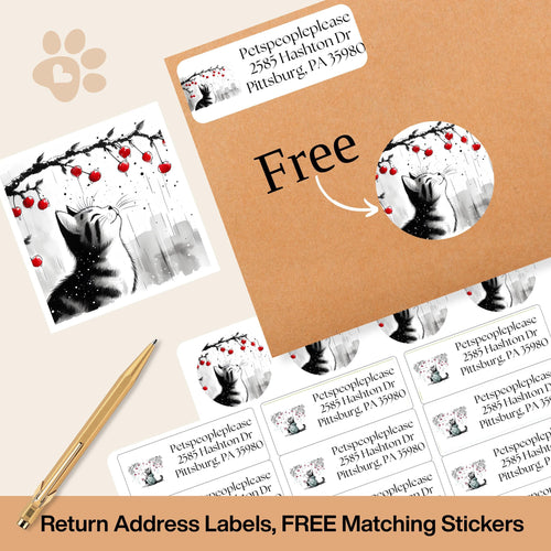 Sakura Asian Cat Art Return Address Labels: Cherry Blossom Mailing Stickers - The Pawprint Paperie