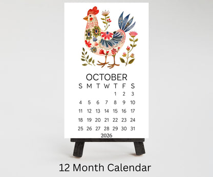 Folk Art Chicken 2026 Mini Calendar: Farmhouse Desk Decor (Optional Stand Available) - The Pawprint Paperie