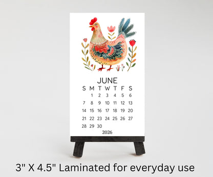 Folk Art Chicken 2026 Mini Calendar: Farmhouse Desk Decor (Optional Stand Available) - The Pawprint Paperie