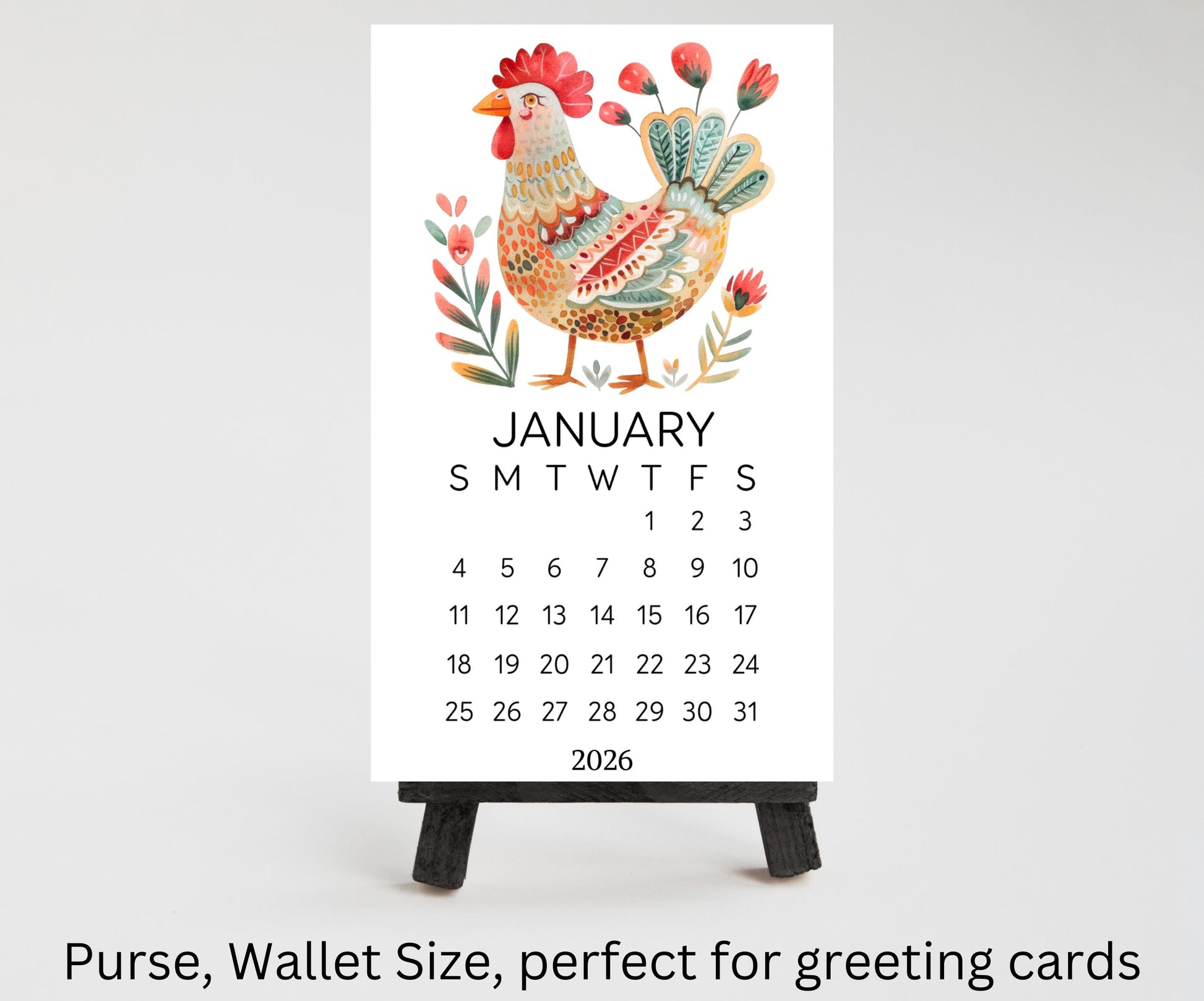 Folk Art Chicken 2026 Mini Calendar: Farmhouse Desk Decor (Optional Stand Available) - The Pawprint Paperie