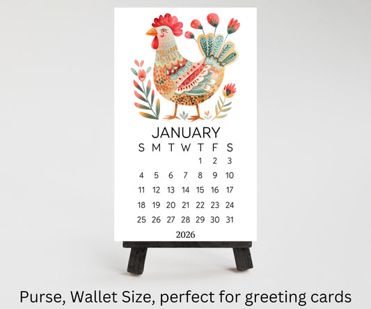 Folk Art Chicken 2026 Mini Calendar: Farmhouse Desk Decor (Optional Stand Available) - The Pawprint Paperie