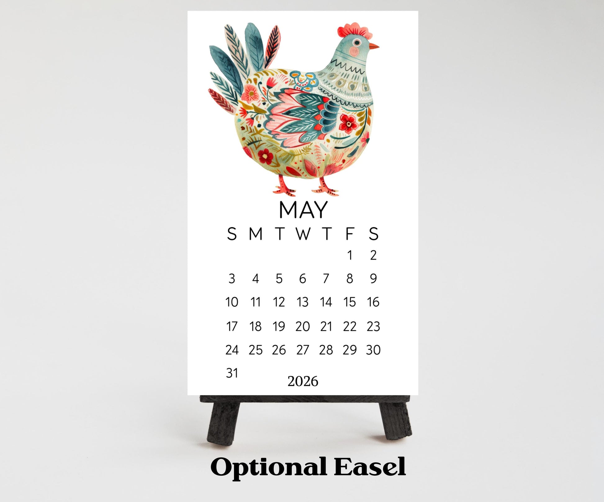 Folk Art Chicken 2026 Mini Calendar: Farmhouse Desk Decor (Optional Stand Available) - The Pawprint Paperie