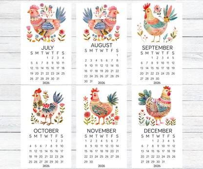 Folk Art Chicken 2026 Mini Calendar: Farmhouse Desk Decor (Optional Stand Available) - The Pawprint Paperie