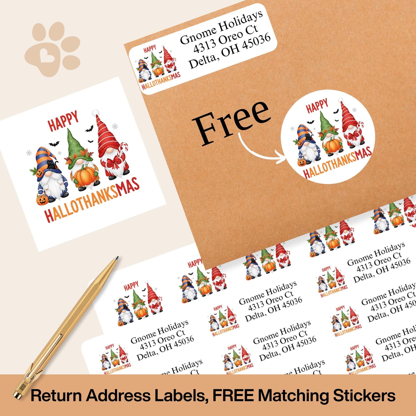 Happy “Hallothanksmas” Gnome Return Address Labels + FREE Matching Sticker Seals – Fall & Holiday Combo - The Pawprint Paperie