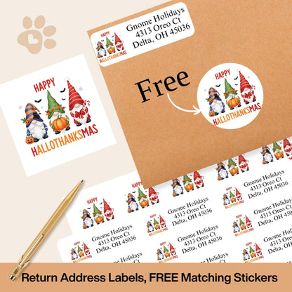 Happy “Hallothanksmas” Gnome Return Address Labels + FREE Matching Sticker Seals – Fall & Holiday Combo - The Pawprint Paperie