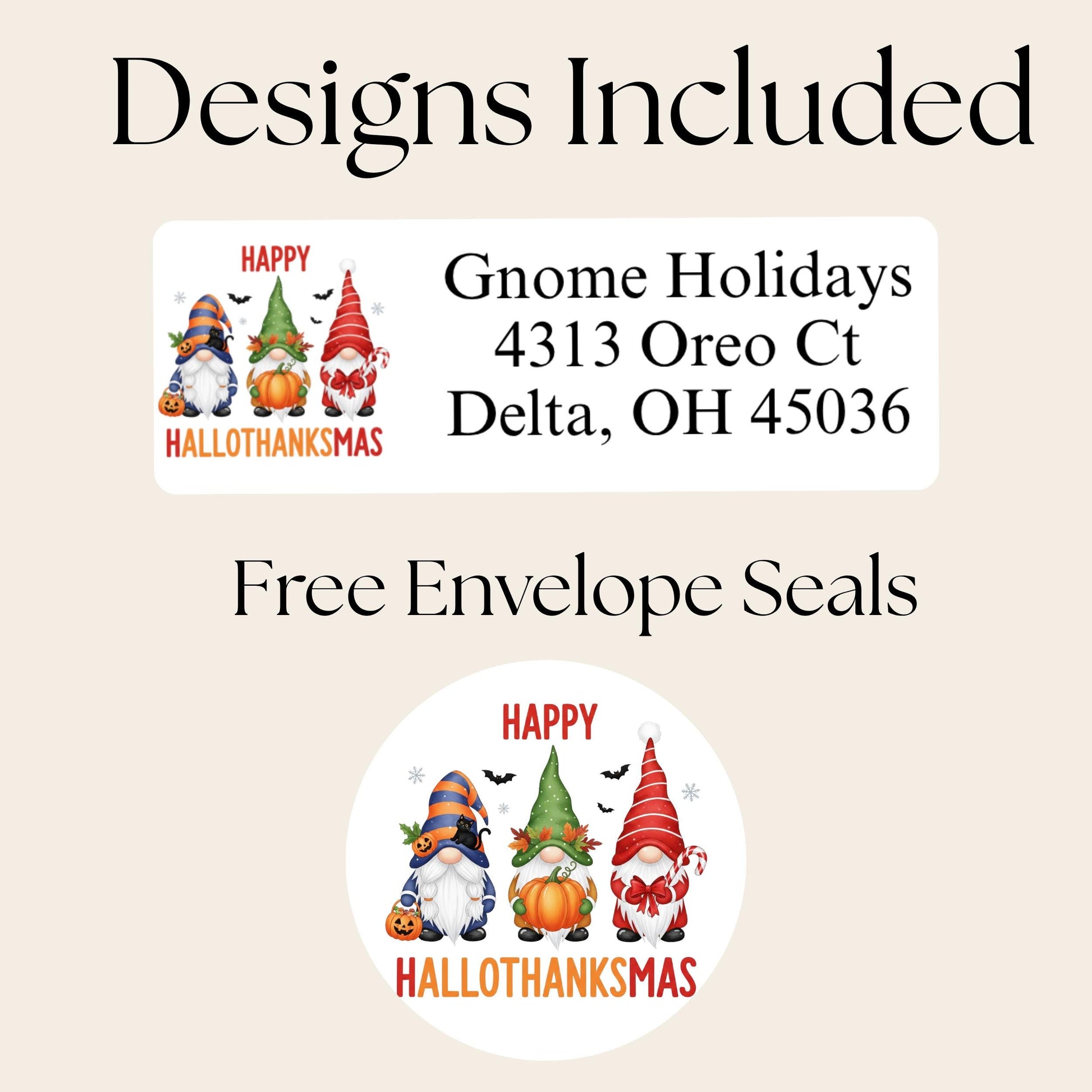 Happy “Hallothanksmas” Gnome Return Address Labels + FREE Matching Sticker Seals – Fall & Holiday Combo - The Pawprint Paperie