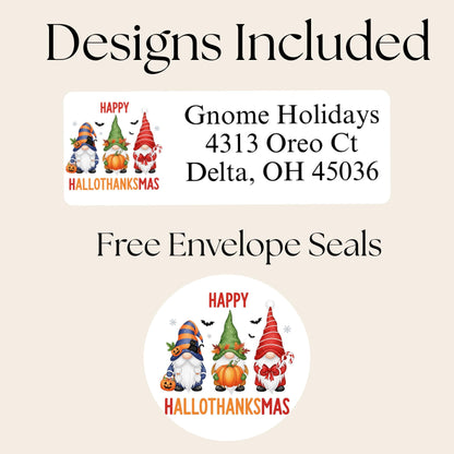 Happy “Hallothanksmas” Gnome Return Address Labels + FREE Matching Sticker Seals – Fall & Holiday Combo - The Pawprint Paperie