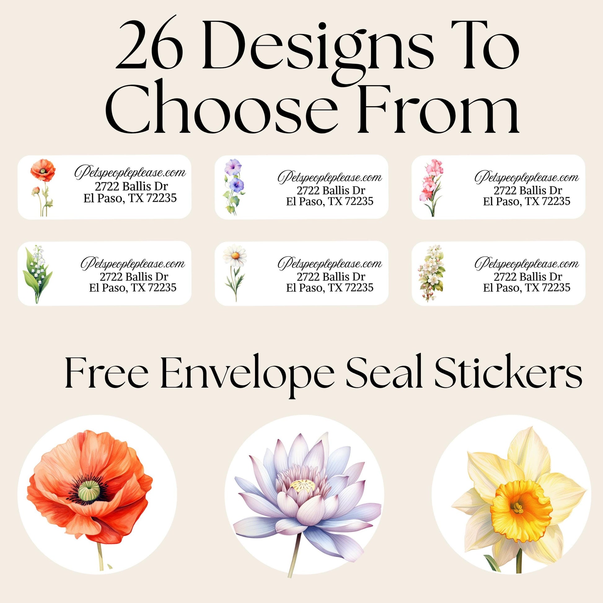 Birth Flower Address Labels with Floral Envelope Seals: Botanical Stickers - The Pawprint Paperie