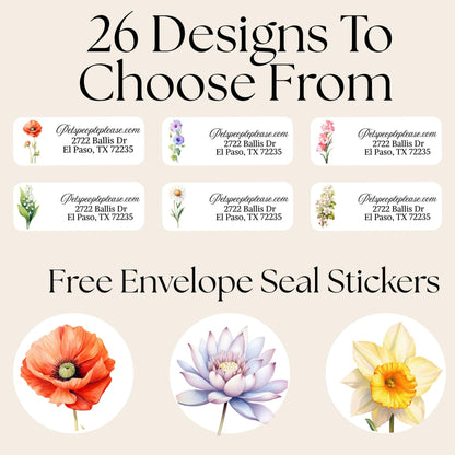 Birth Flower Address Labels with Floral Envelope Seals: Botanical Stickers - The Pawprint Paperie