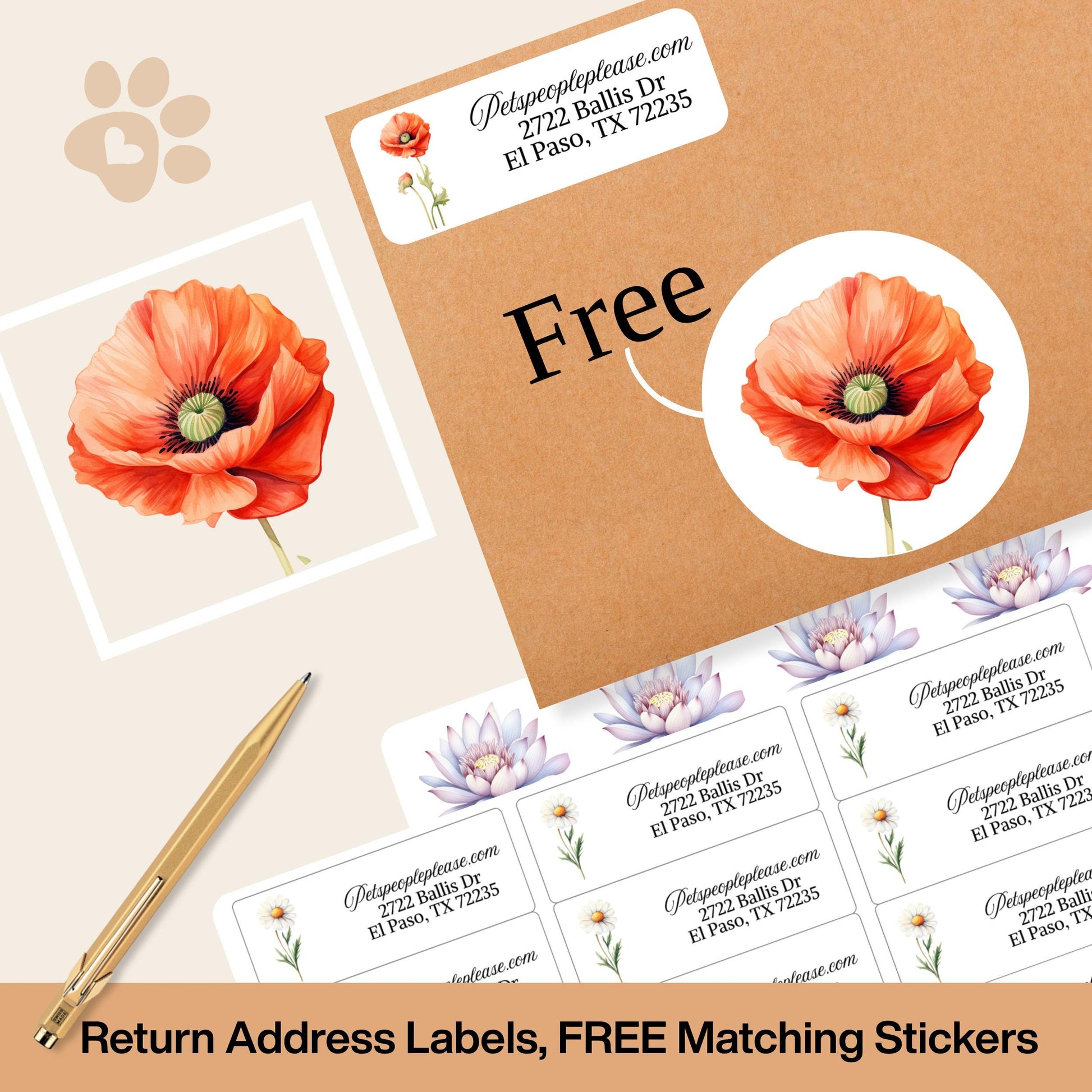 Birth Flower Address Labels with Floral Envelope Seals: Botanical Stickers - The Pawprint Paperie