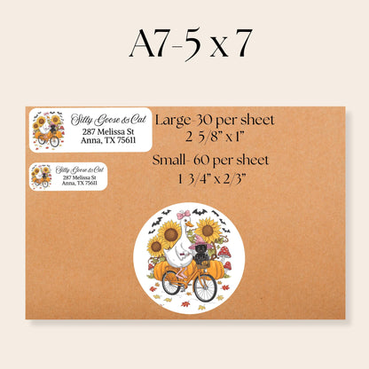 Funny Fall Address Labels: Silly Goose, Cat & Pumpkin Bicycle - Includes Envelope Seals - The Pawprint Paperie