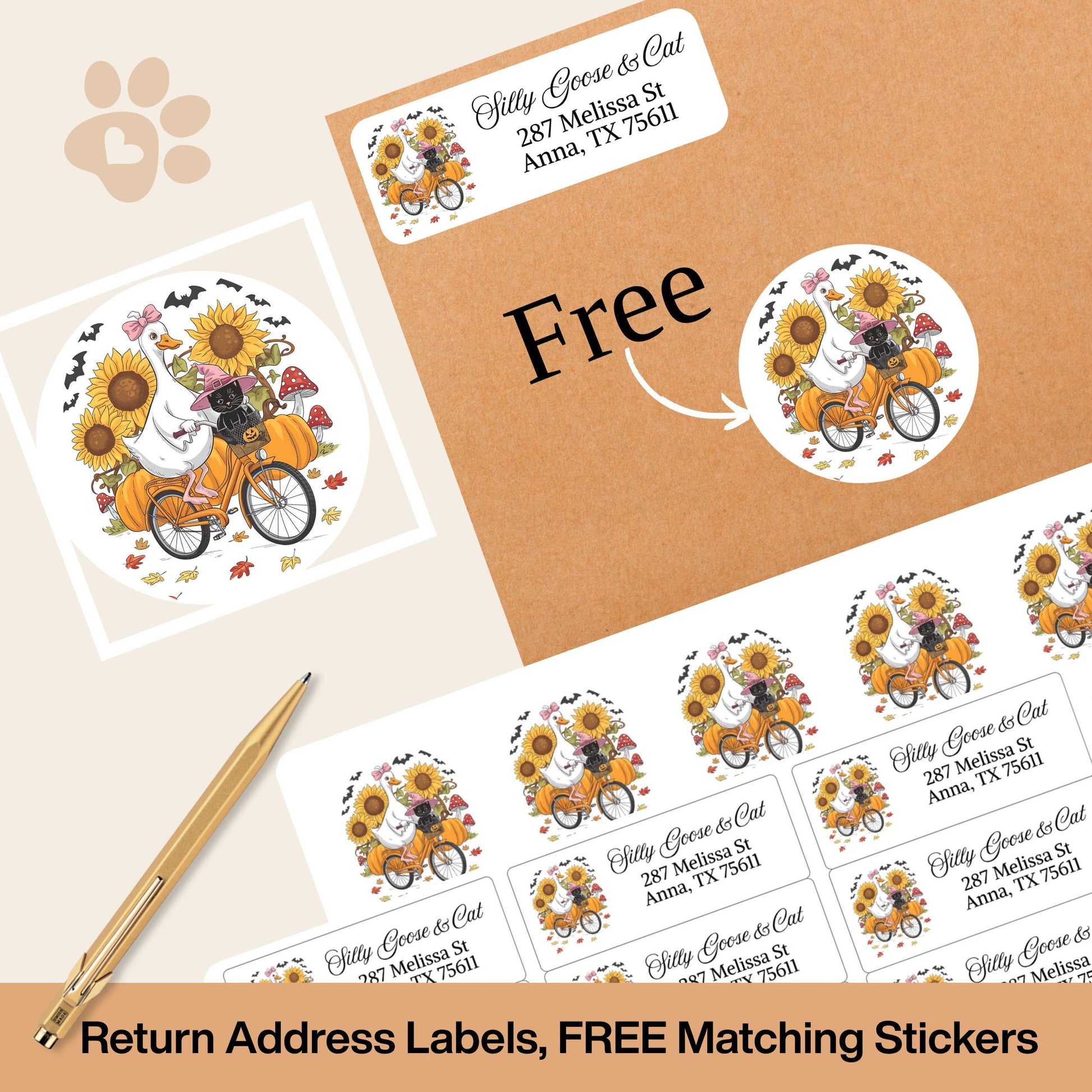 Funny Fall Address Labels: Silly Goose, Cat & Pumpkin Bicycle - Includes Envelope Seals - The Pawprint Paperie