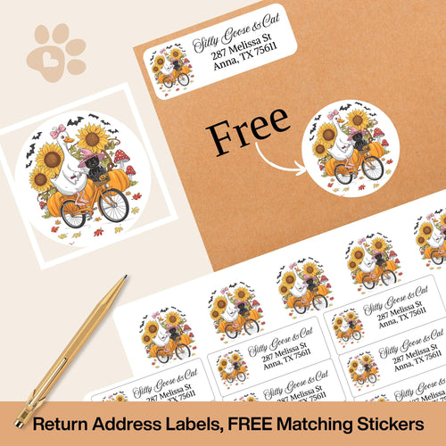 Funny Fall Address Labels: Silly Goose, Cat & Pumpkin Bicycle - Includes Envelope Seals - The Pawprint Paperie