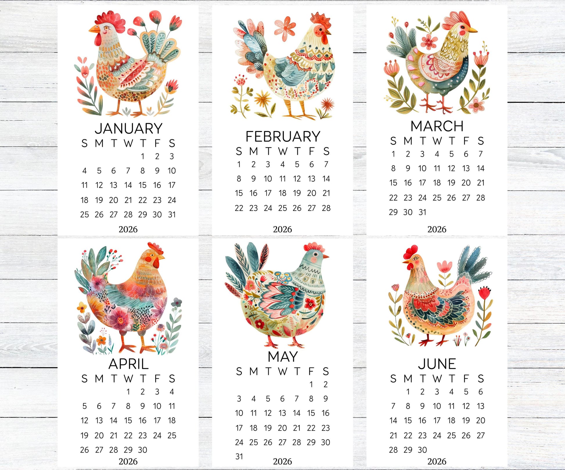 Folk Art Chicken 2026 Mini Calendar: Farmhouse Desk Decor (Optional Stand Available) - The Pawprint Paperie