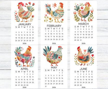 Folk Art Chicken 2026 Mini Calendar: Farmhouse Desk Decor (Optional Stand Available) - The Pawprint Paperie