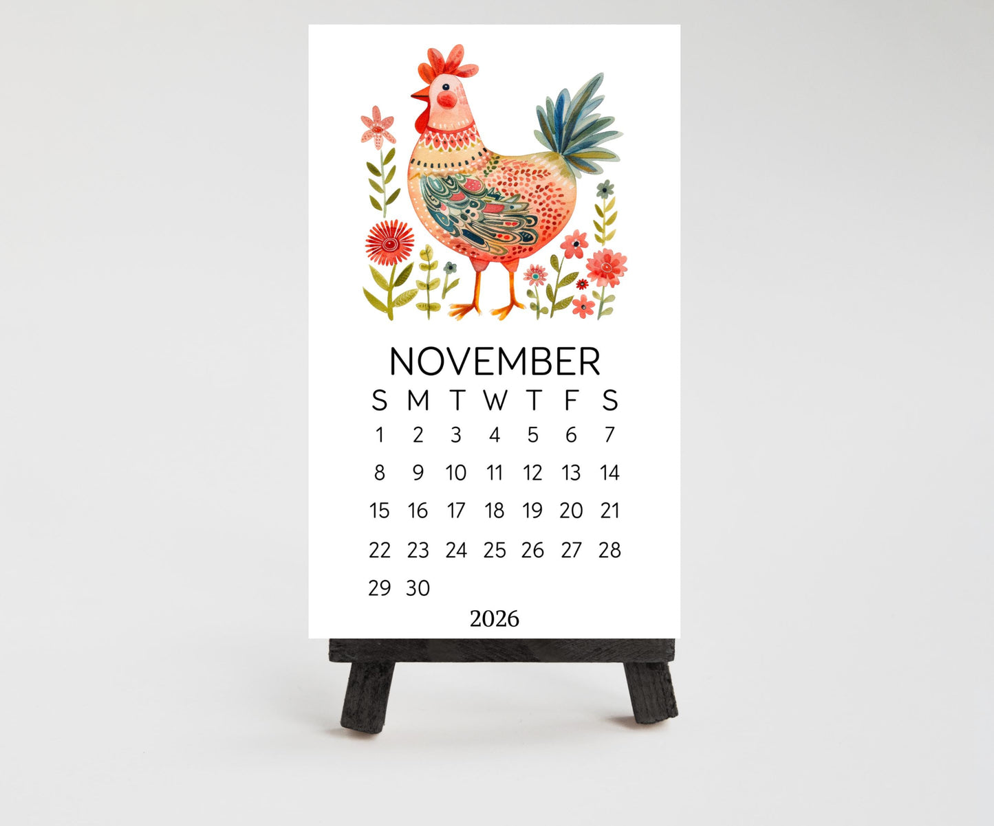 Folk Art Chicken 2026 Mini Calendar: Farmhouse Desk Decor (Optional Stand Available) - The Pawprint Paperie