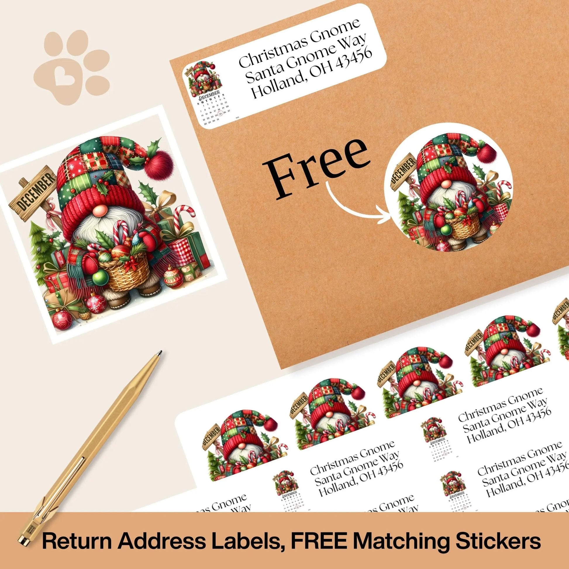 Christmas Gnome Address Labels with FREE Envelope Seals: Personalized Holiday Stickers - The Pawprint Paperie