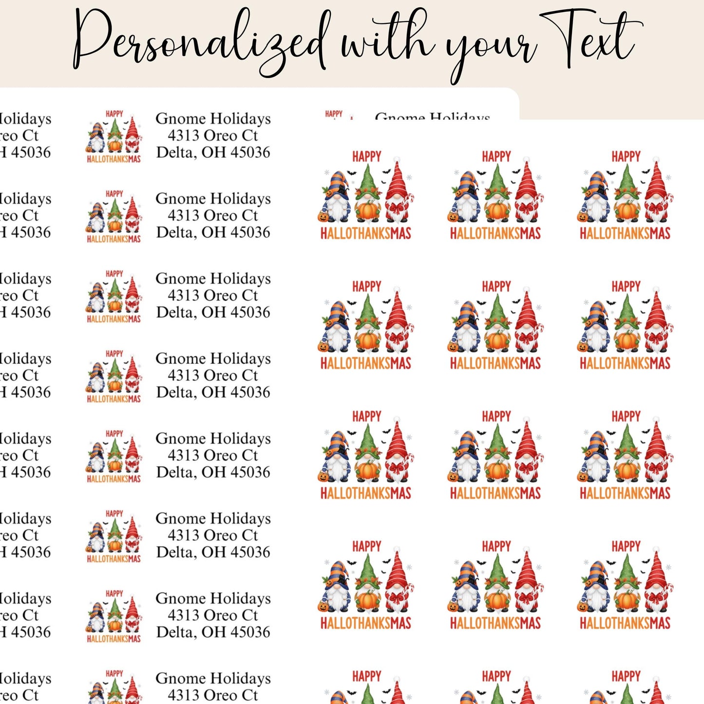 Happy “Hallothanksmas” Gnome Return Address Labels + FREE Matching Sticker Seals – Fall & Holiday Combo - The Pawprint Paperie