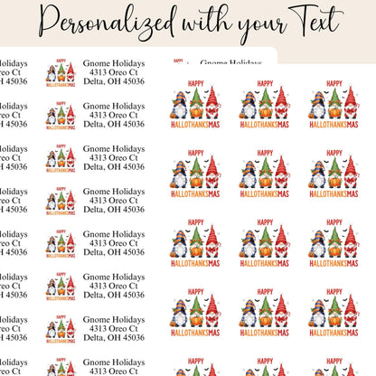 Happy “Hallothanksmas” Gnome Return Address Labels + FREE Matching Sticker Seals – Fall & Holiday Combo - The Pawprint Paperie