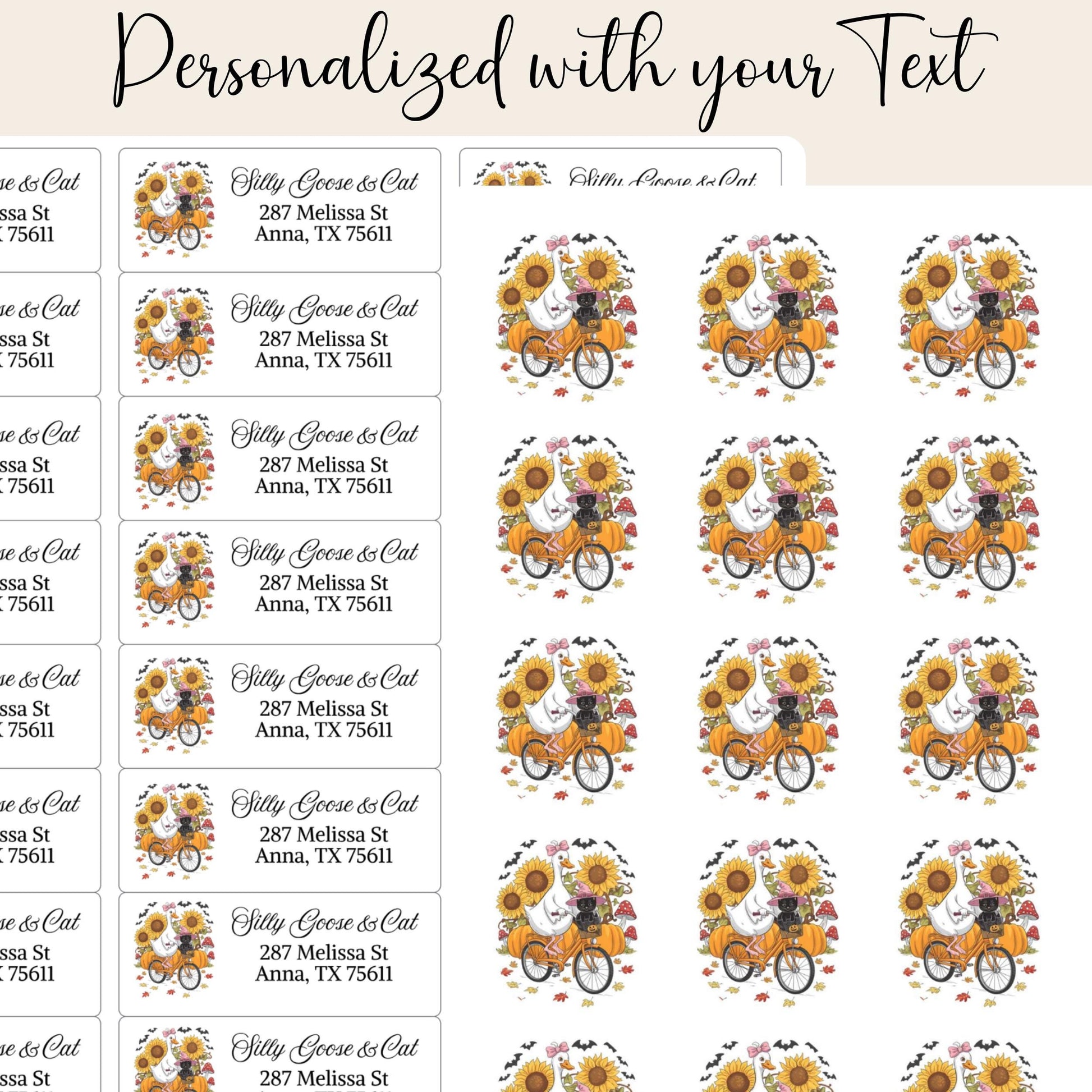 Funny Fall Address Labels: Silly Goose, Cat & Pumpkin Bicycle - Includes Envelope Seals - The Pawprint Paperie