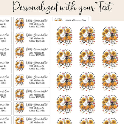 Funny Fall Address Labels: Silly Goose, Cat & Pumpkin Bicycle - Includes Envelope Seals - The Pawprint Paperie
