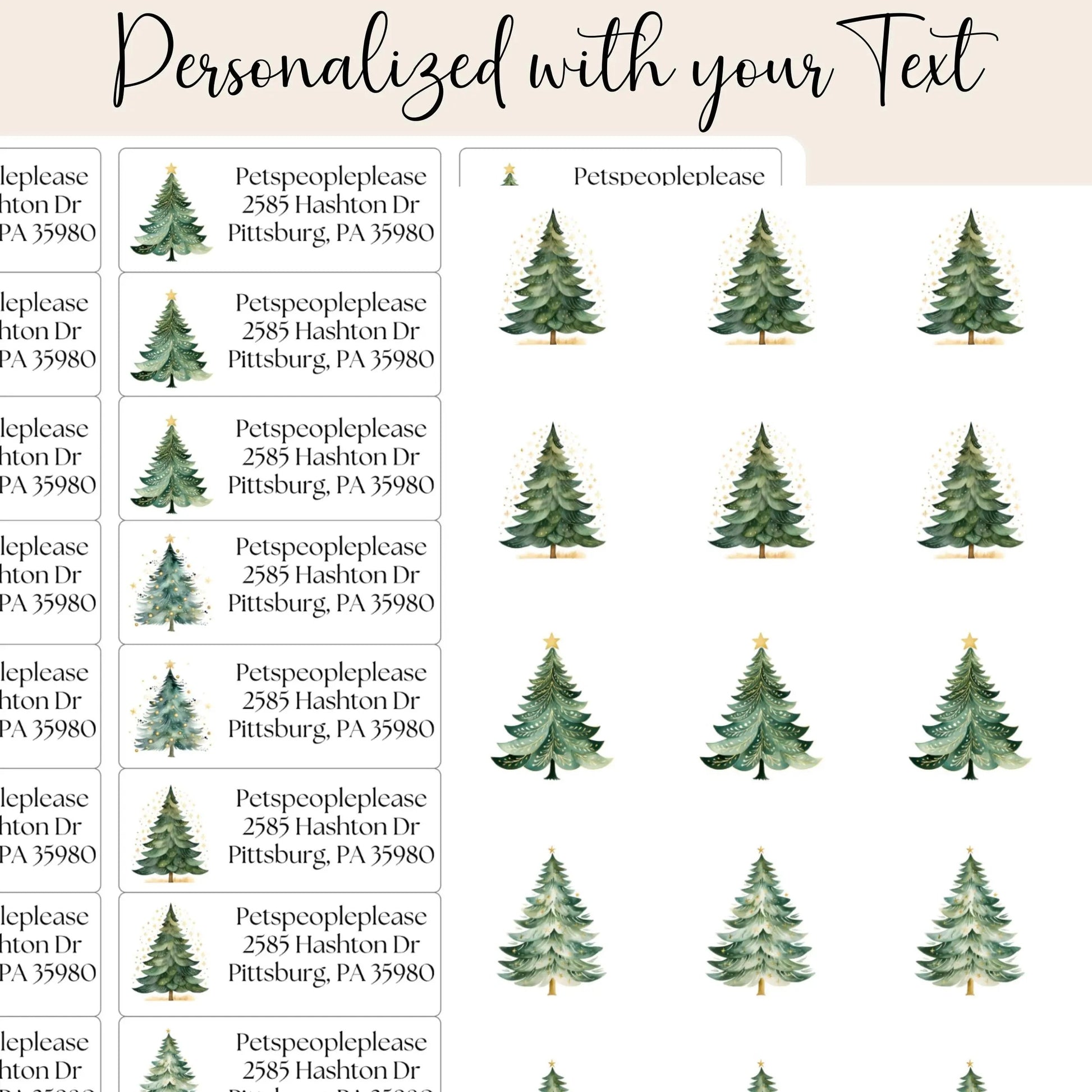 Watercolor Christmas Address Labels: Green & Gold Tree with FREE Seals - The Pawprint Paperie