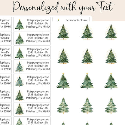 Watercolor Christmas Address Labels: Green & Gold Tree with FREE Seals - The Pawprint Paperie