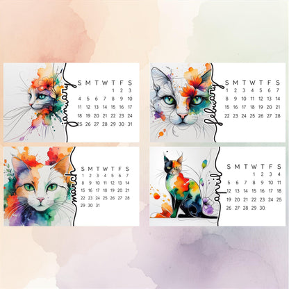 2026 Mini Cat Desk Calendar – Flowing Watercolor Kitty with Flowers – Laminated Small Calendar with Optional Wood Easel - The Pawprint Paperie