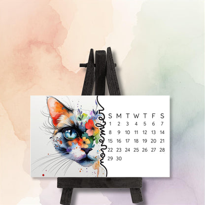 2026 Mini Cat Desk Calendar – Flowing Watercolor Kitty with Flowers – Laminated Small Calendar with Optional Wood Easel - The Pawprint Paperie