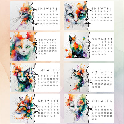 2026 Mini Cat Desk Calendar – Flowing Watercolor Kitty with Flowers – Laminated Small Calendar with Optional Wood Easel - The Pawprint Paperie