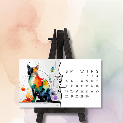 2026 Mini Cat Desk Calendar – Flowing Watercolor Kitty with Flowers – Laminated Small Calendar with Optional Wood Easel - The Pawprint Paperie