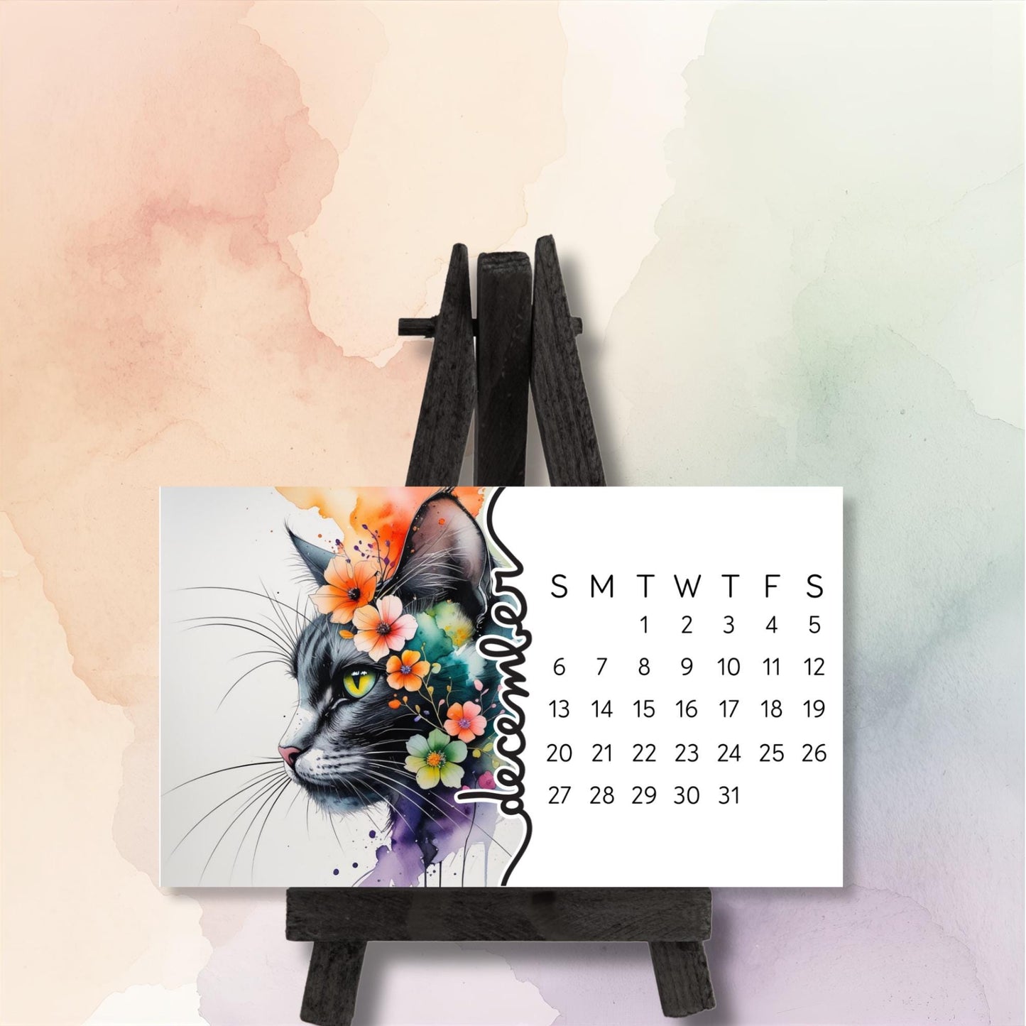 2026 Mini Cat Desk Calendar – Flowing Watercolor Kitty with Flowers – Laminated Small Calendar with Optional Wood Easel - The Pawprint Paperie