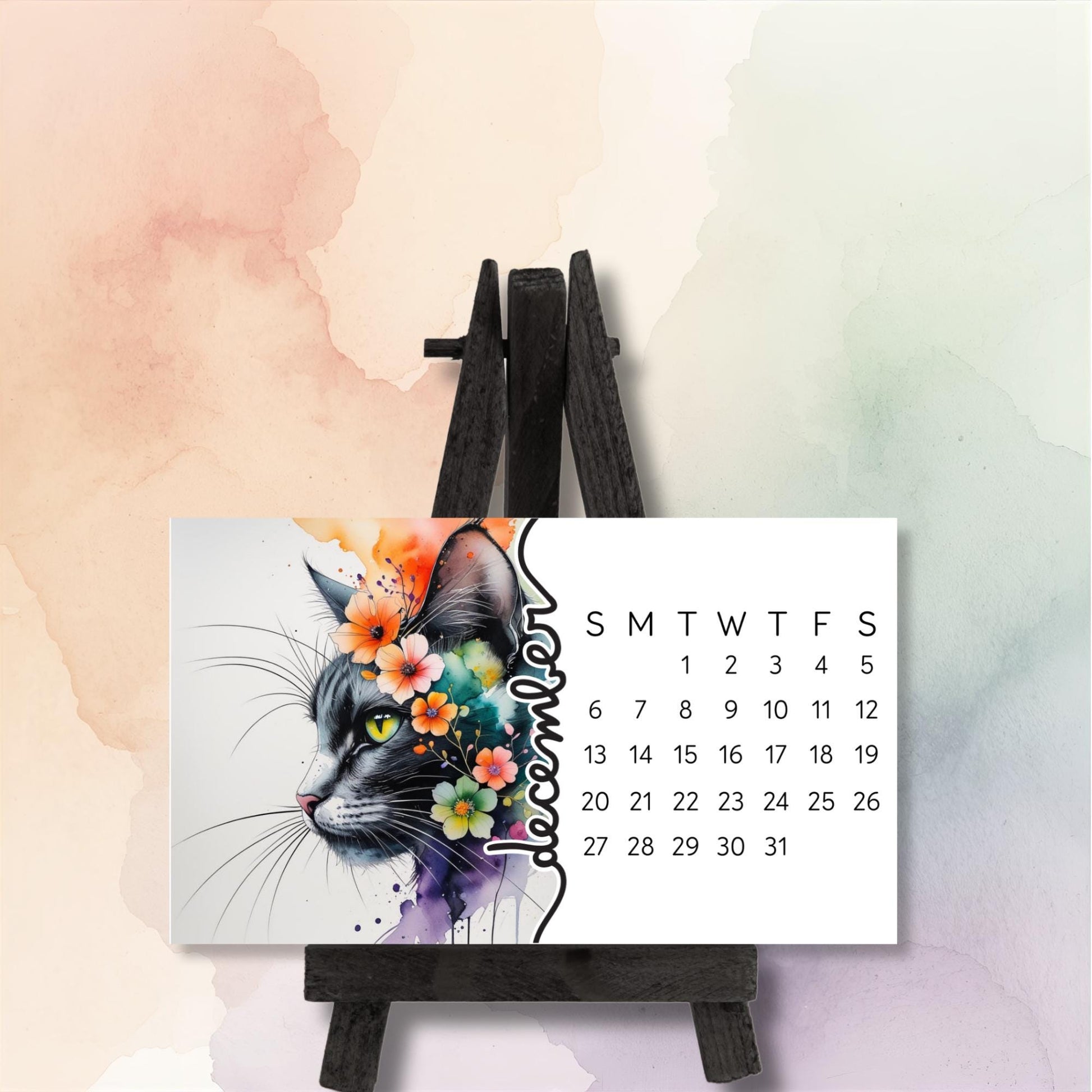 2026 Mini Cat Desk Calendar – Flowing Watercolor Kitty with Flowers – Laminated Small Calendar with Optional Wood Easel - The Pawprint Paperie