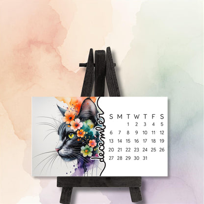 2026 Mini Cat Desk Calendar – Flowing Watercolor Kitty with Flowers – Laminated Small Calendar with Optional Wood Easel - The Pawprint Paperie