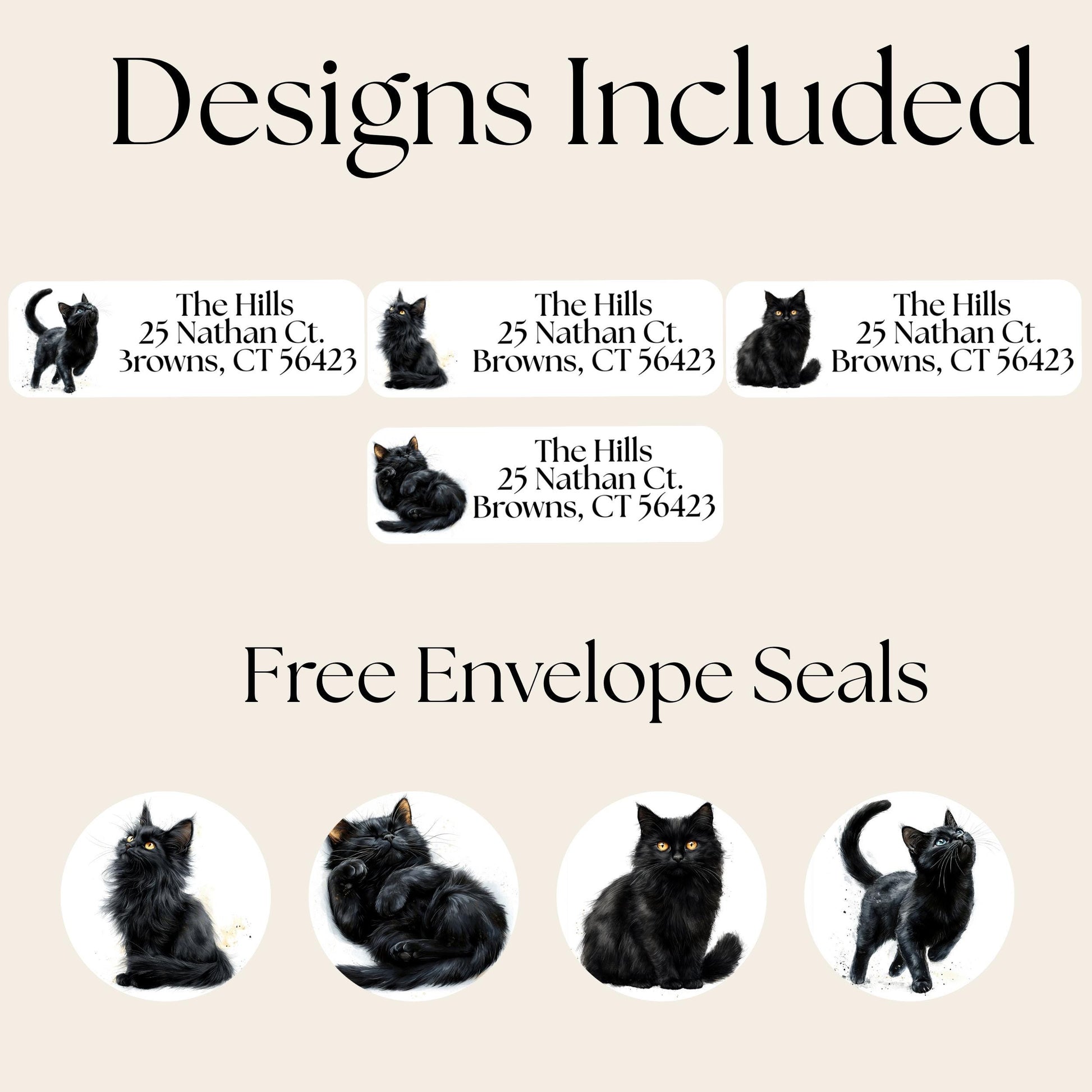 Black Cat Return Address Labels FREE Envelope Seal Stickers a gift for cat lovers - The Pawprint Paperie