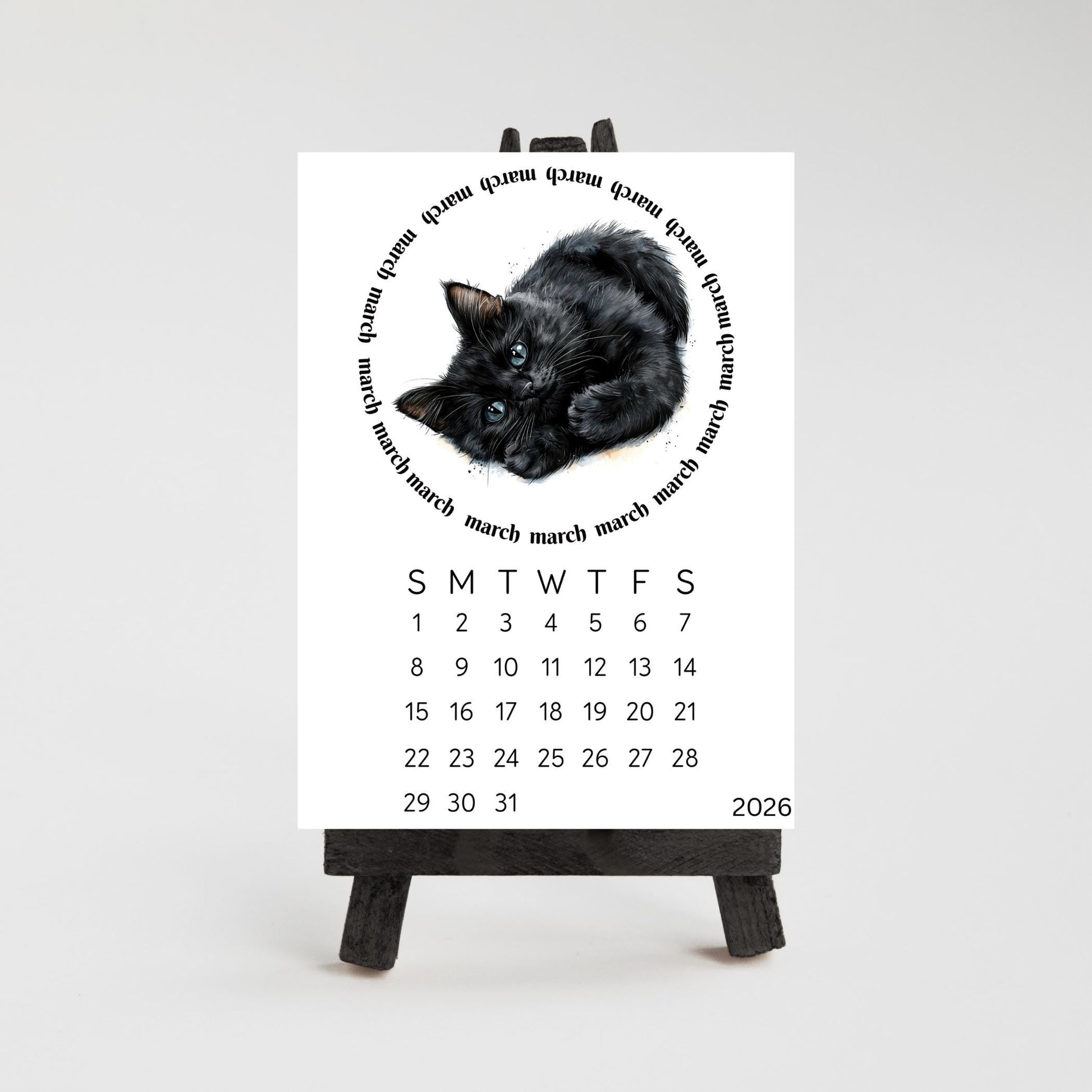 2026 Cute Black Cat Mini Desk Calendar – 3.3&quot; x 4.5&quot; Laminated, Optional Wood Easel Stand, Cat Lover Gift, Small Desktop Office Decor - The Pawprint Paperie