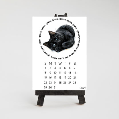 2026 Cute Black Cat Mini Desk Calendar – 3.3&quot; x 4.5&quot; Laminated, Optional Wood Easel Stand, Cat Lover Gift, Small Desktop Office Decor - The Pawprint Paperie