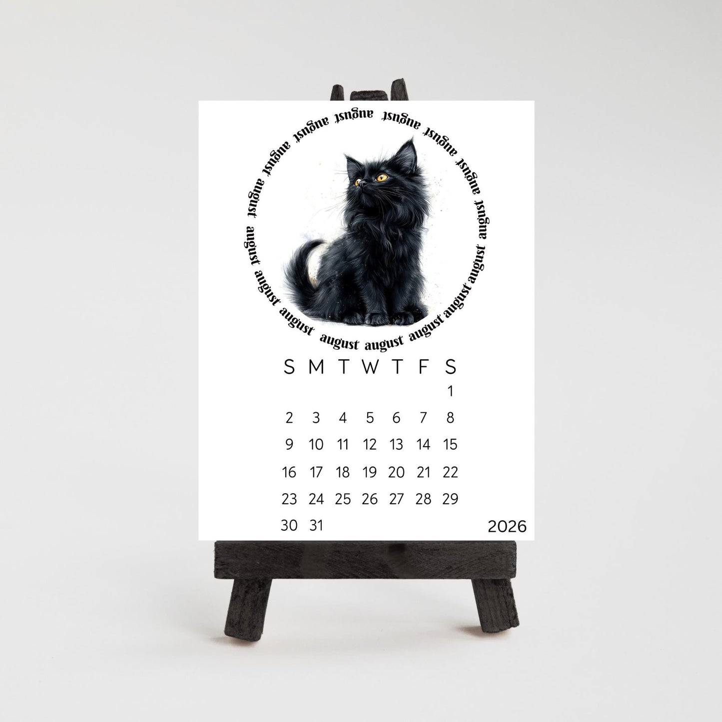 2026 Cute Black Cat Mini Desk Calendar – 3.3&quot; x 4.5&quot; Laminated, Optional Wood Easel Stand, Cat Lover Gift, Small Desktop Office Decor - The Pawprint Paperie