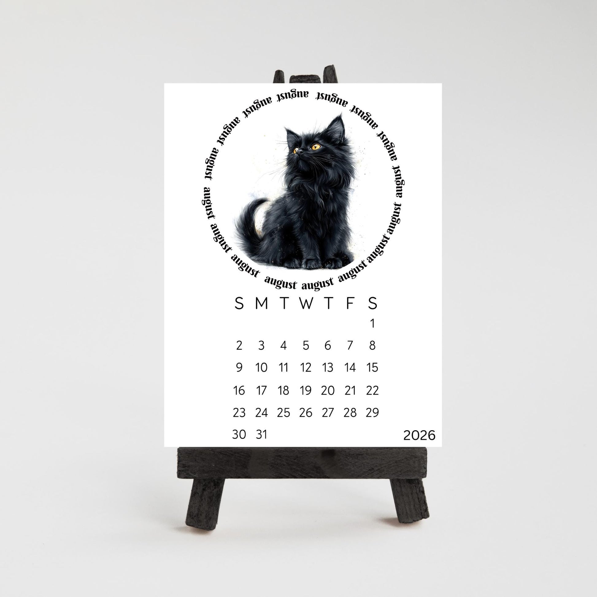 2026 Cute Black Cat Mini Desk Calendar – 3.3&quot; x 4.5&quot; Laminated, Optional Wood Easel Stand, Cat Lover Gift, Small Desktop Office Decor - The Pawprint Paperie