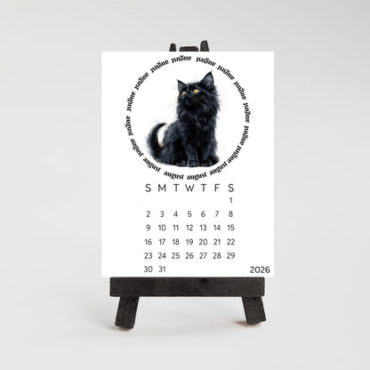2026 Cute Black Cat Mini Desk Calendar – 3.3&quot; x 4.5&quot; Laminated, Optional Wood Easel Stand, Cat Lover Gift, Small Desktop Office Decor - The Pawprint Paperie