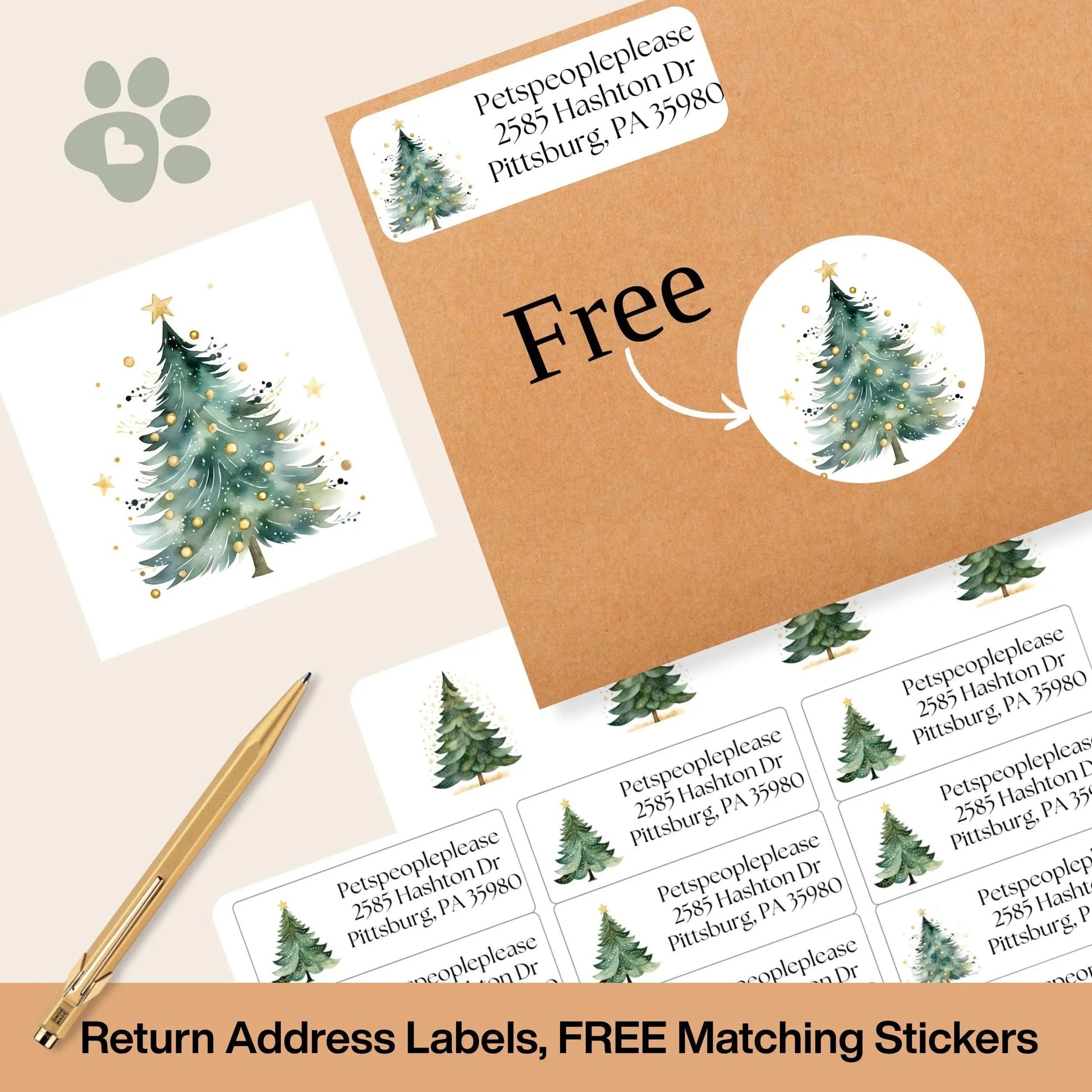 Watercolor Christmas Address Labels: Green & Gold Tree with FREE Seals - The Pawprint Paperie