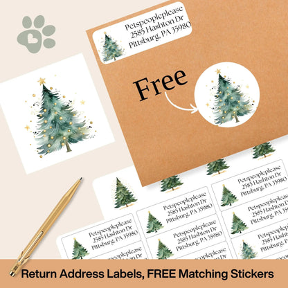 Watercolor Christmas Address Labels: Green & Gold Tree with FREE Seals - The Pawprint Paperie