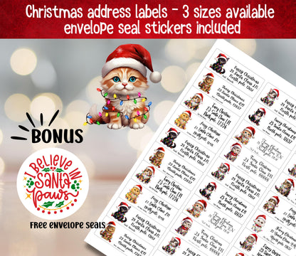 Christmas Cat Address Labels – Holiday Return Address Stickers with Cats in Santa Hats & Lights – FREE Matching Envelope Seals - The Pawprint Paperie