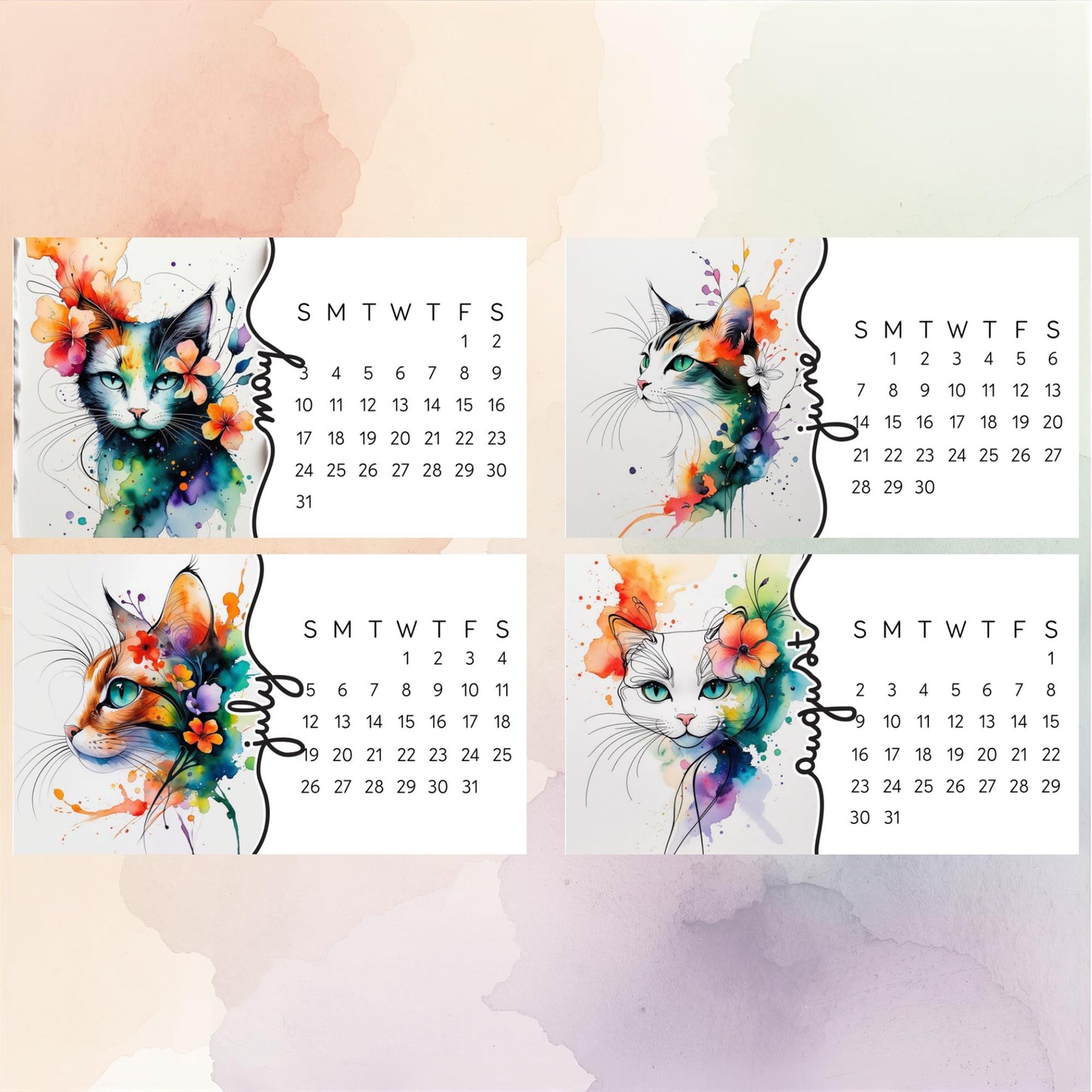 2026 Mini Cat Desk Calendar – Flowing Watercolor Kitty with Flowers – Laminated Small Calendar with Optional Wood Easel - The Pawprint Paperie