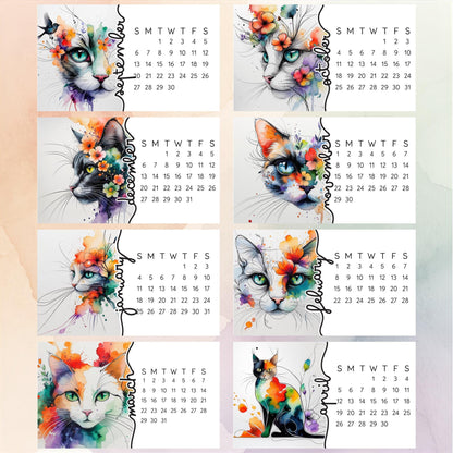 2026 Mini Cat Desk Calendar – Flowing Watercolor Kitty with Flowers – Laminated Small Calendar with Optional Wood Easel - The Pawprint Paperie