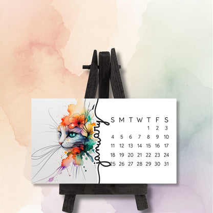 2026 Mini Cat Desk Calendar – Flowing Watercolor Kitty with Flowers – Laminated Small Calendar with Optional Wood Easel - The Pawprint Paperie