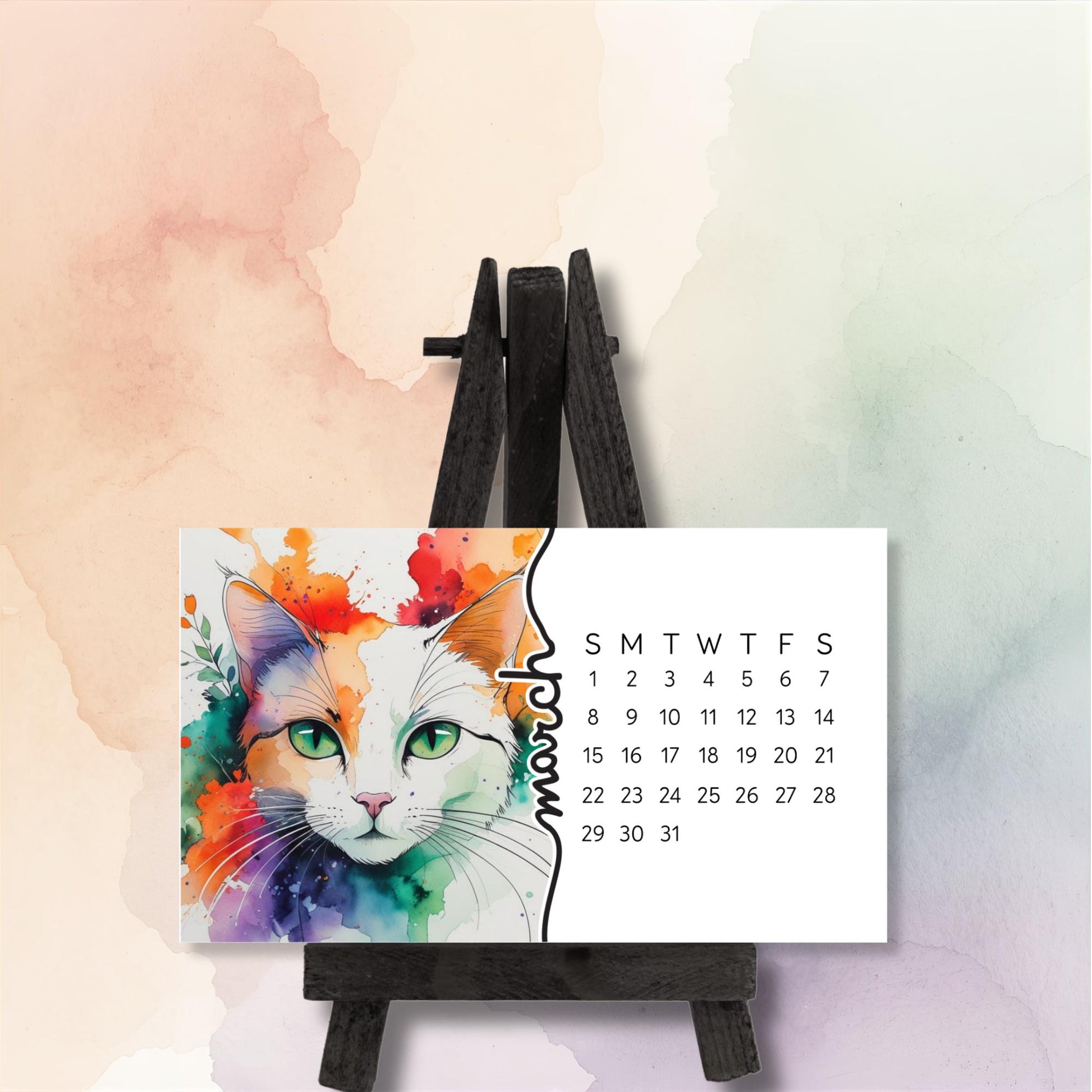 2026 Mini Cat Desk Calendar – Flowing Watercolor Kitty with Flowers – Laminated Small Calendar with Optional Wood Easel - The Pawprint Paperie
