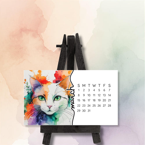 2026 Mini Cat Desk Calendar – Flowing Watercolor Kitty with Flowers – Laminated Small Calendar with Optional Wood Easel - The Pawprint Paperie