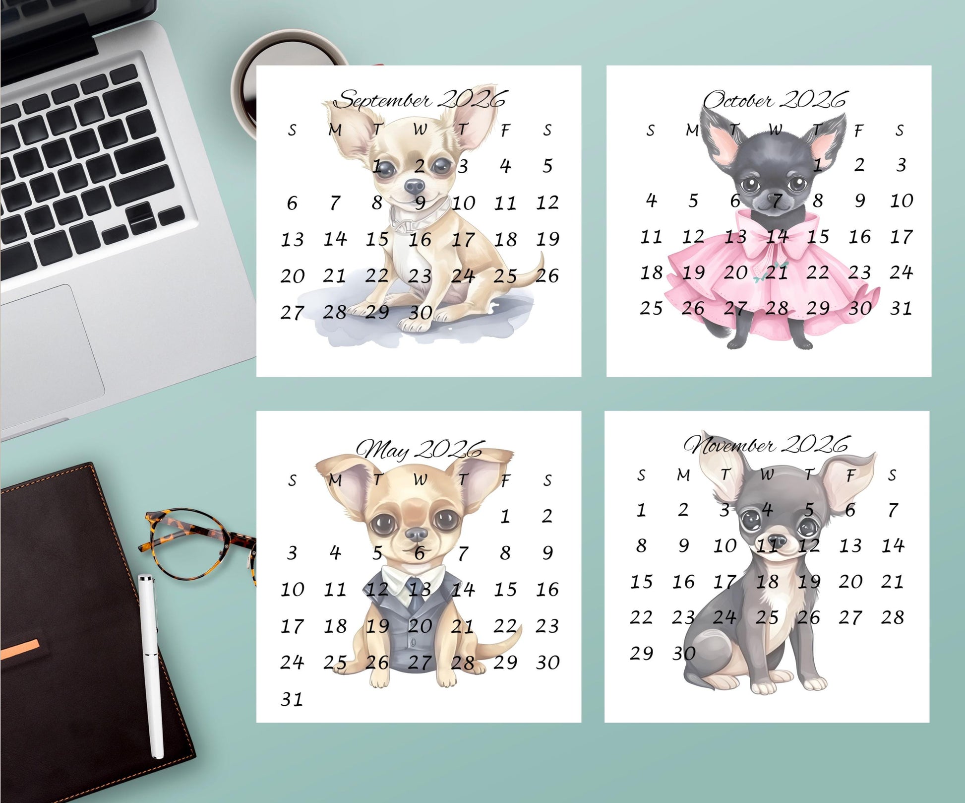 2026 Chihuahua Calendar, Mini Calendar for Small Desk Space, Optional Wood Display Stand, Special Gift for Chihuahua Mom, Cute Dog Calendar - The Pawprint Paperie