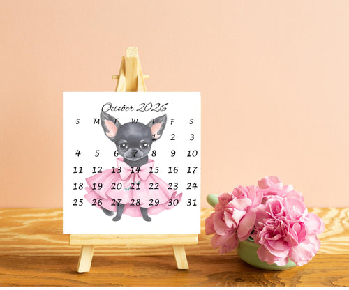 2026 Chihuahua Calendar, Mini Calendar for Small Desk Space, Optional Wood Display Stand, Special Gift for Chihuahua Mom, Cute Dog Calendar - The Pawprint Paperie